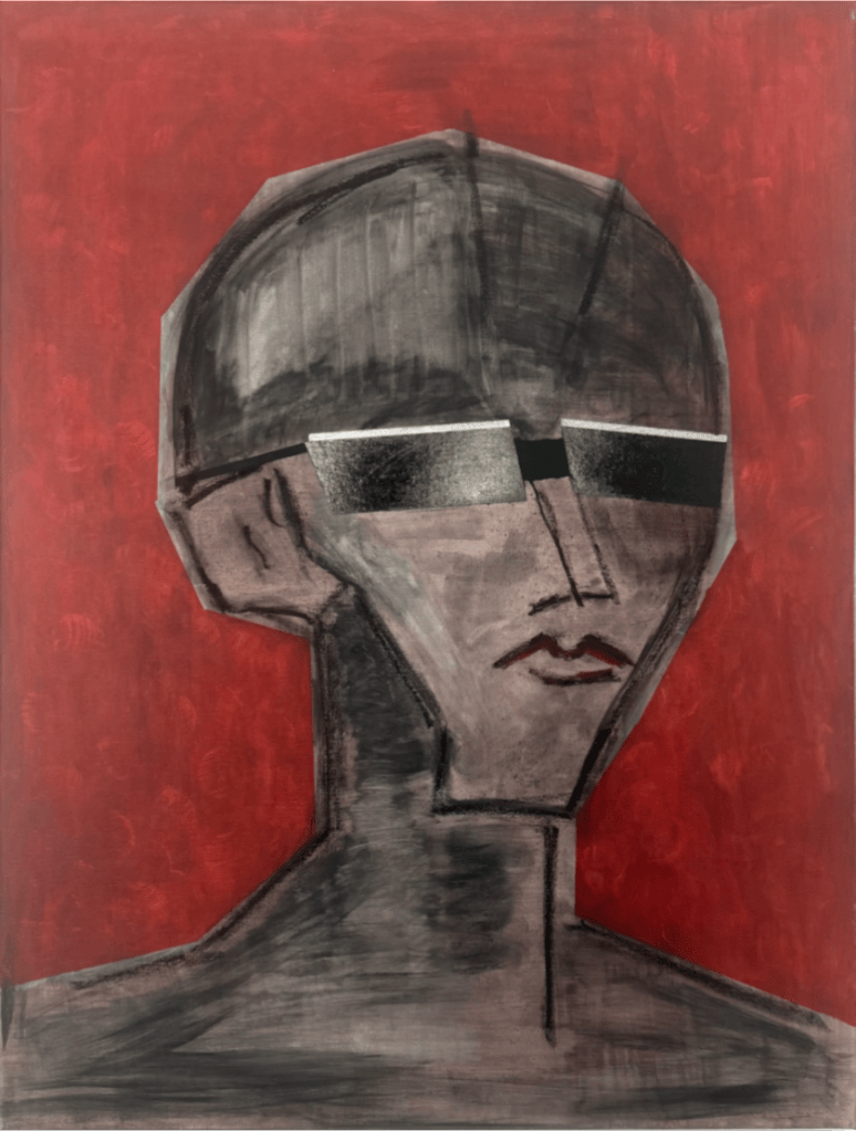 Ein minimalistisches Porträt eines humanoiden Gesichts mit kantigen Zügen und Sonnenbrille, vor einem roten Hintergrund.